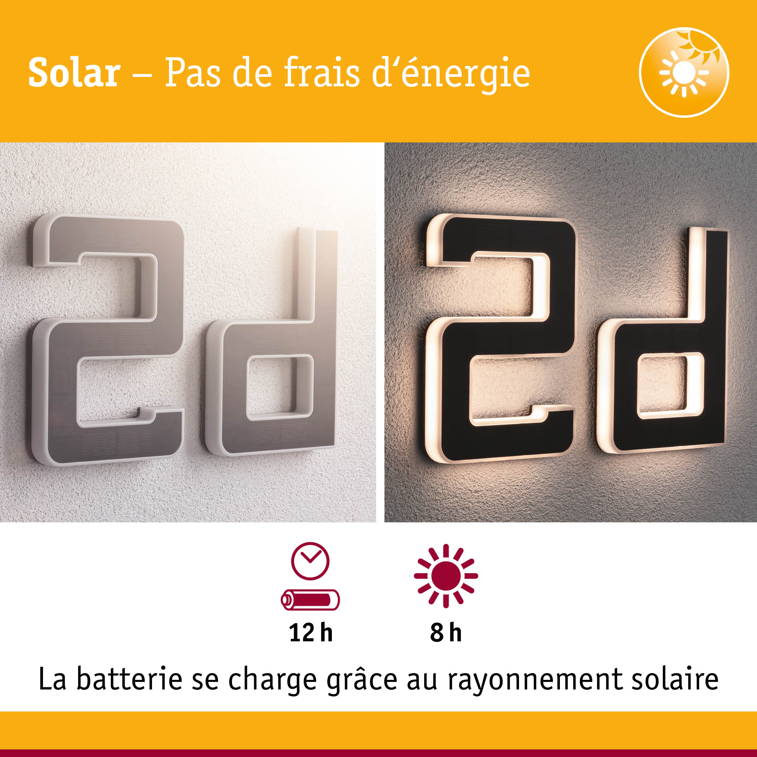 Numéro de maison solaire noir et blanc avec éclairage LED pour une lumière extérieure économique