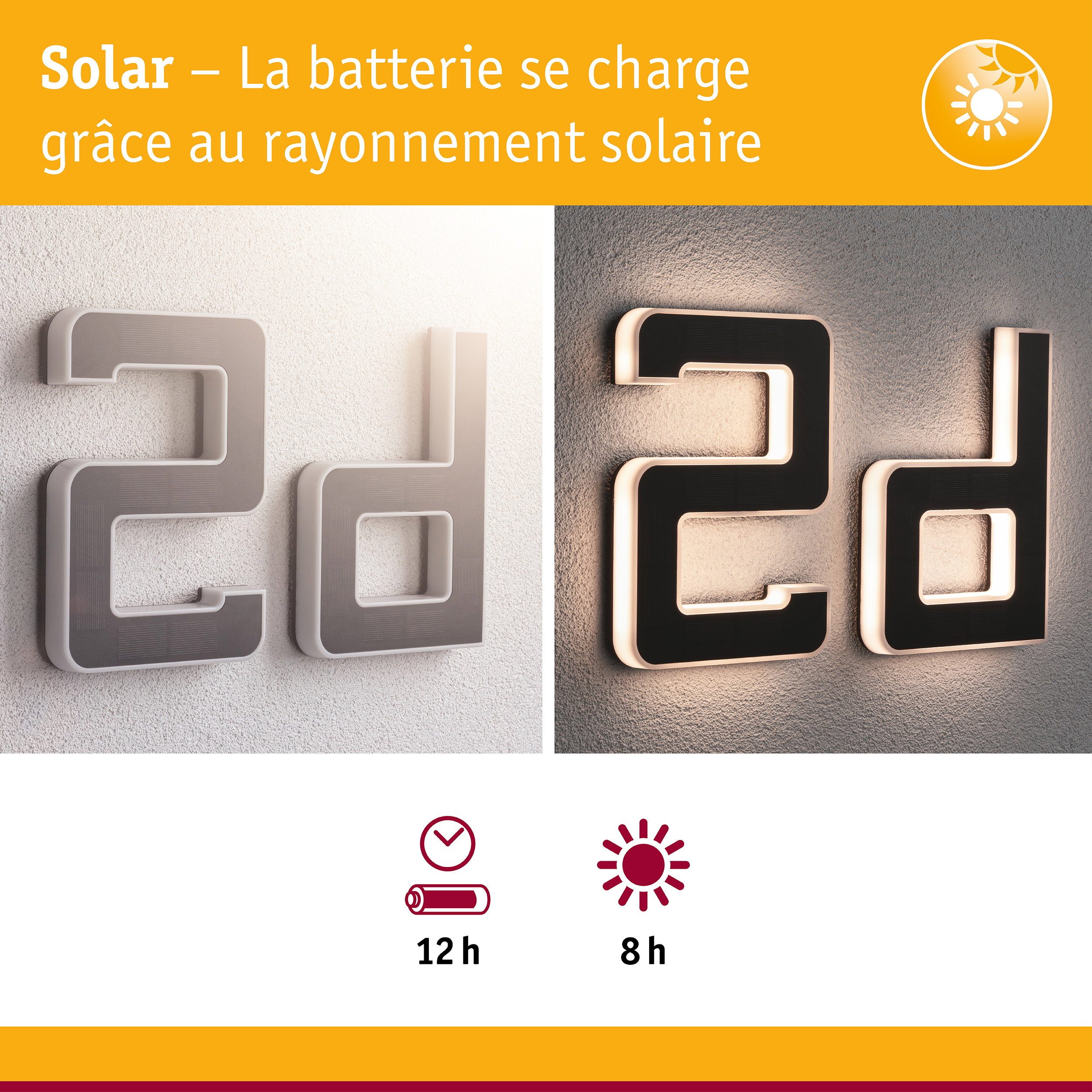 Numéro de maison solaire noir et blanc avec éclairage LED pour une lumière extérieure économique