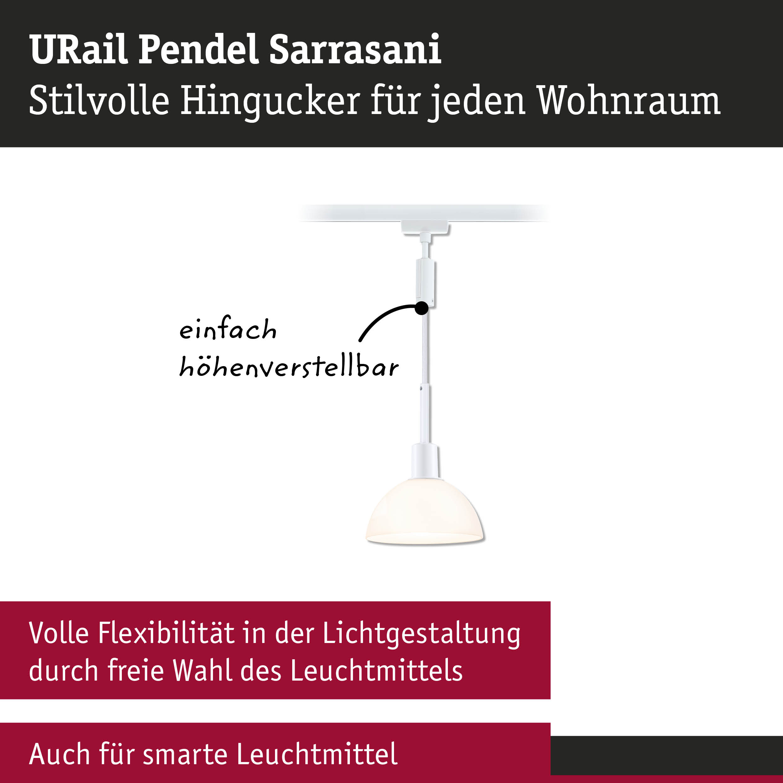 Weiße Pendelleuchte URail Sarrasani mit höhenverstellbarem Kabel für flexible Lichtgestaltung