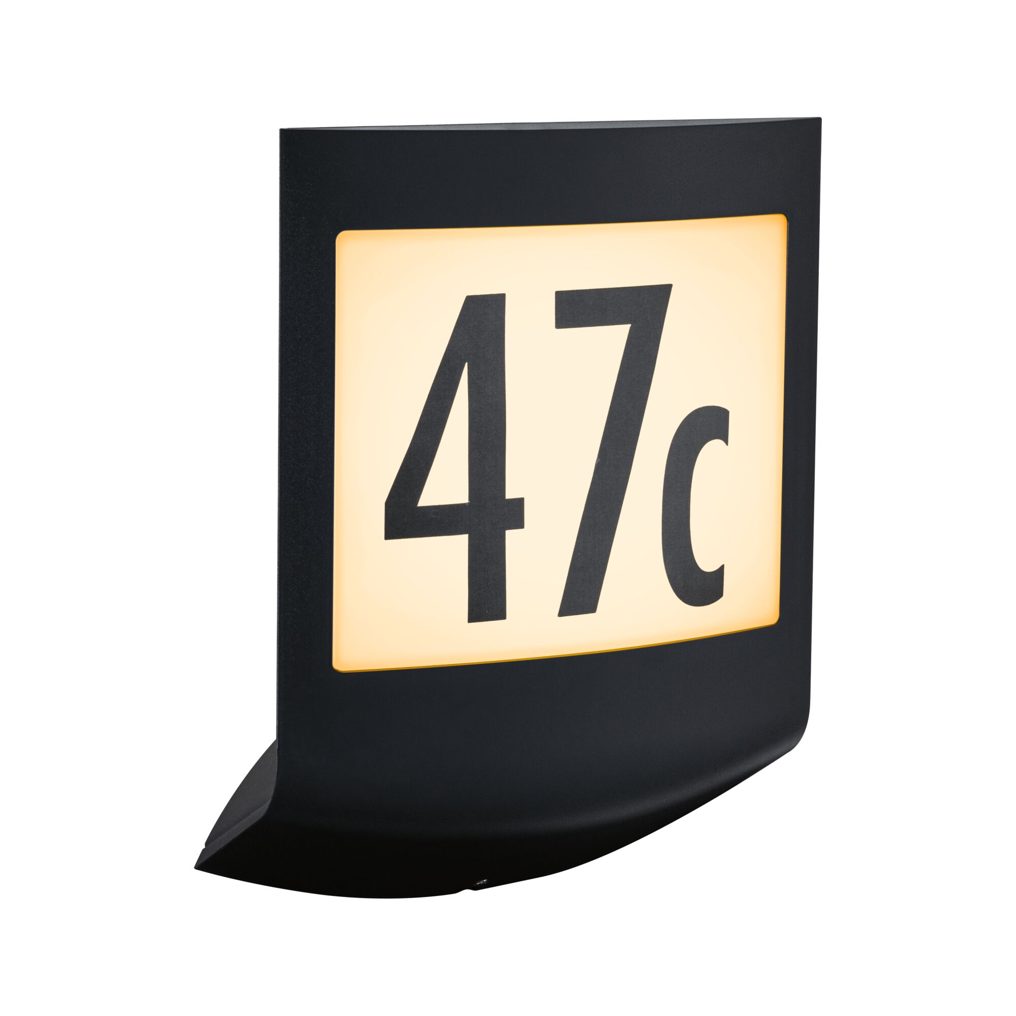 Black LED house number light with illuminated 47c on white background for outdoor use