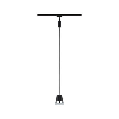 Black metal pendant light with chrome ring and white diffuser, modern LED hanging lamp