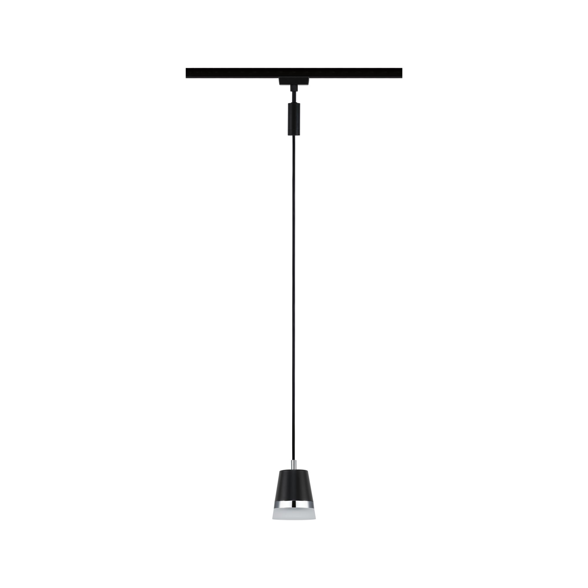 Schwarze Pendelleuchte aus Metall mit Chromring und weißem Diffusor, moderne LED-Hängeleuchte
