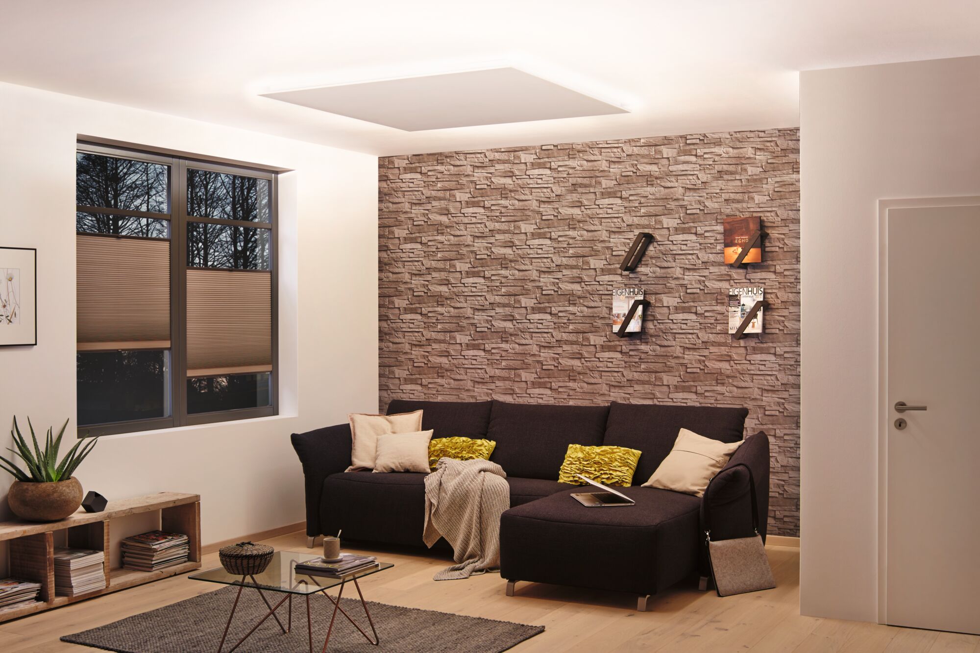 Modern living room with indirect MaxLED ceiling light in warm white for cozy ambient lighting