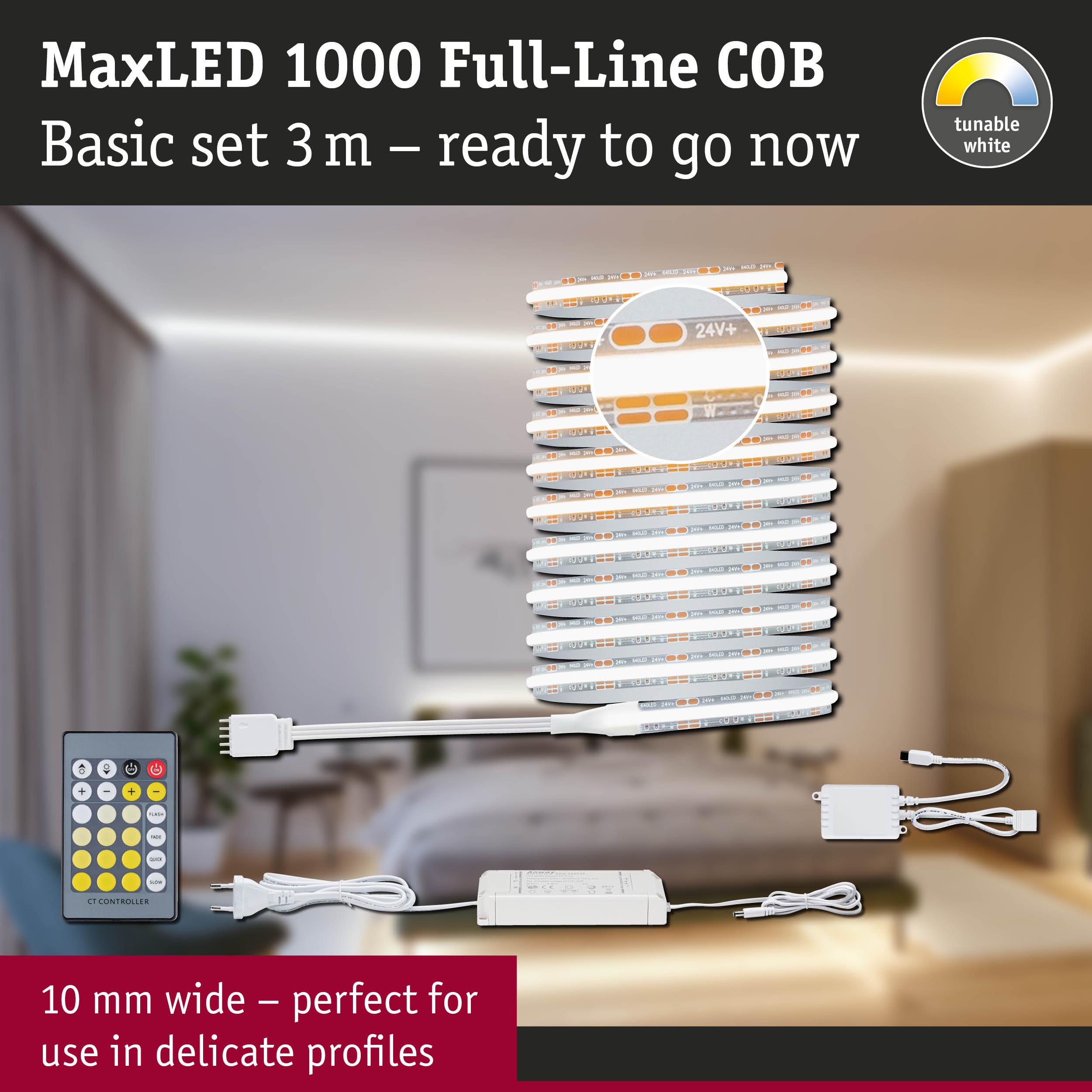MaxLED 1000 Full-Line COB LED strip 3m with remote, 10 mm wide, tunable white light for delicate profiles