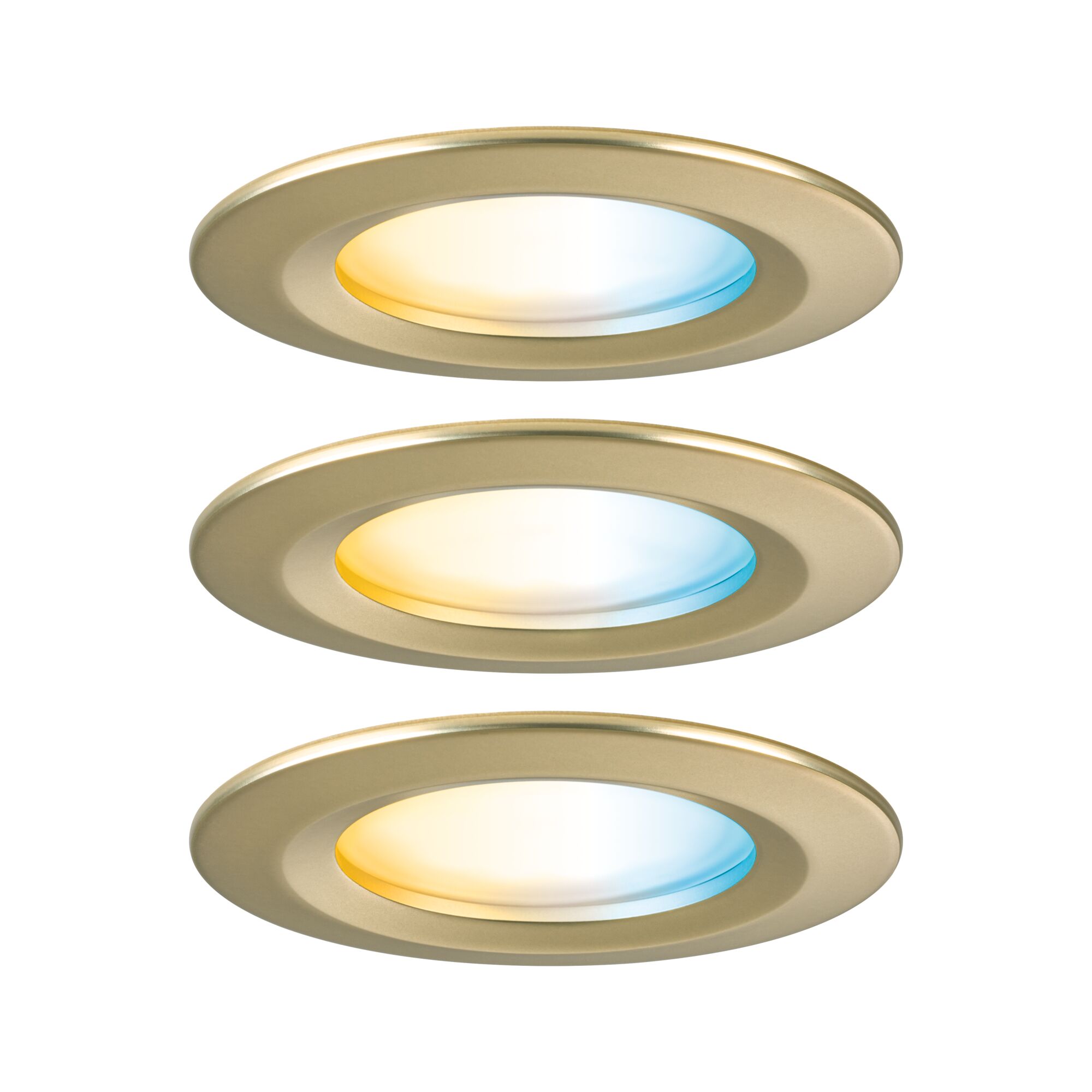 Drie gouden LED-inbouwspots met warm en koel wit licht voor moderne binnenverlichting