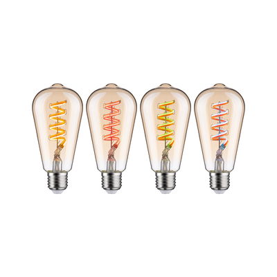 Vier Vintage LED-Glühbirnen mit farbiger Spirale und E27-Fassung für dekorative Beleuchtung