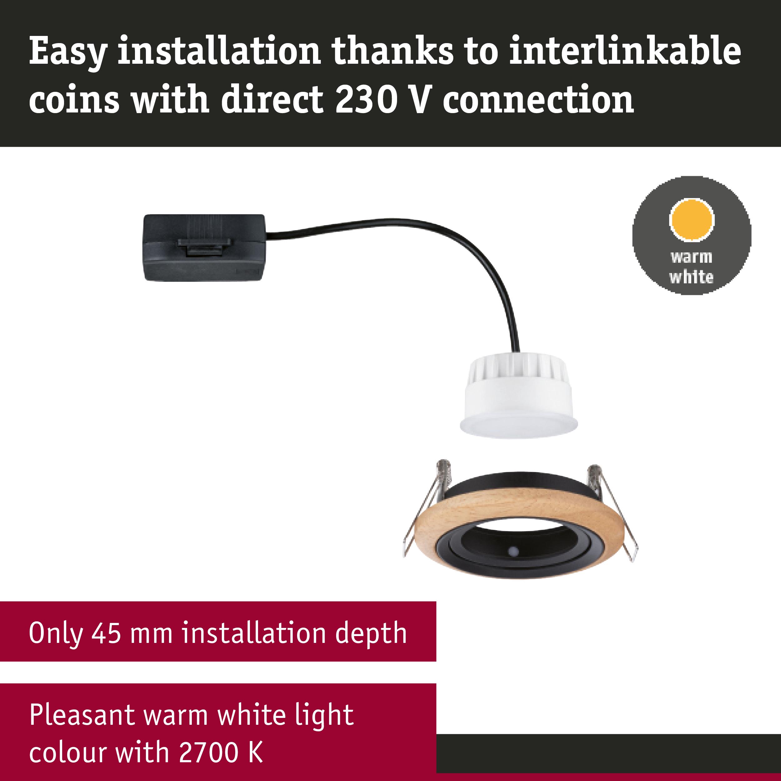 LED recessed spotlight with wooden ring, 45 mm installation depth, warm white 2700 K light, easy 230 V connection