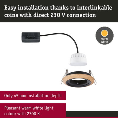 LED recessed spotlight with wooden ring, 45 mm installation depth, warm white 2700 K light, easy 230 V connection