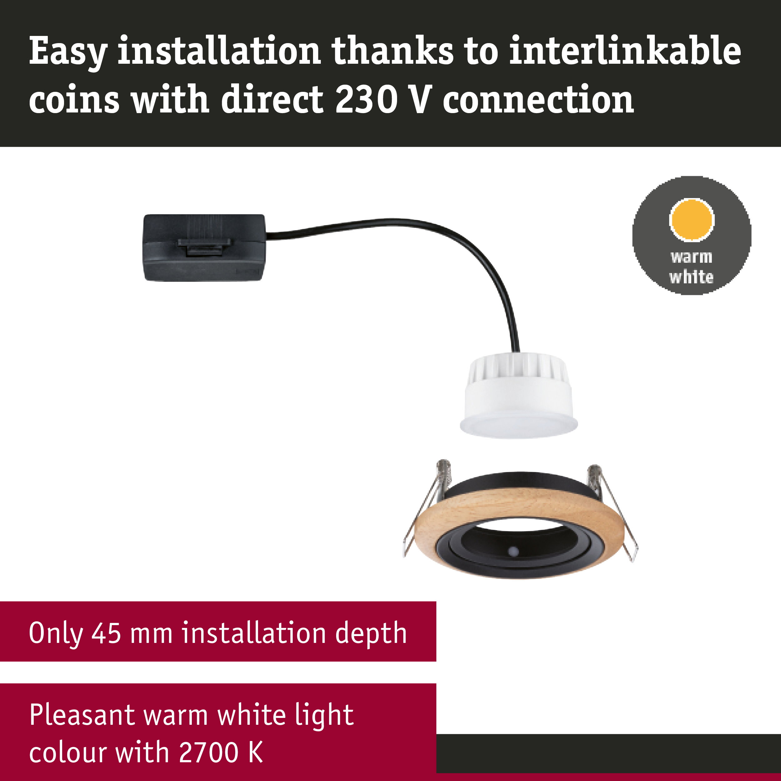 LED recessed spotlight with wooden ring and black insert, 45 mm installation depth, warm white light 2700 K