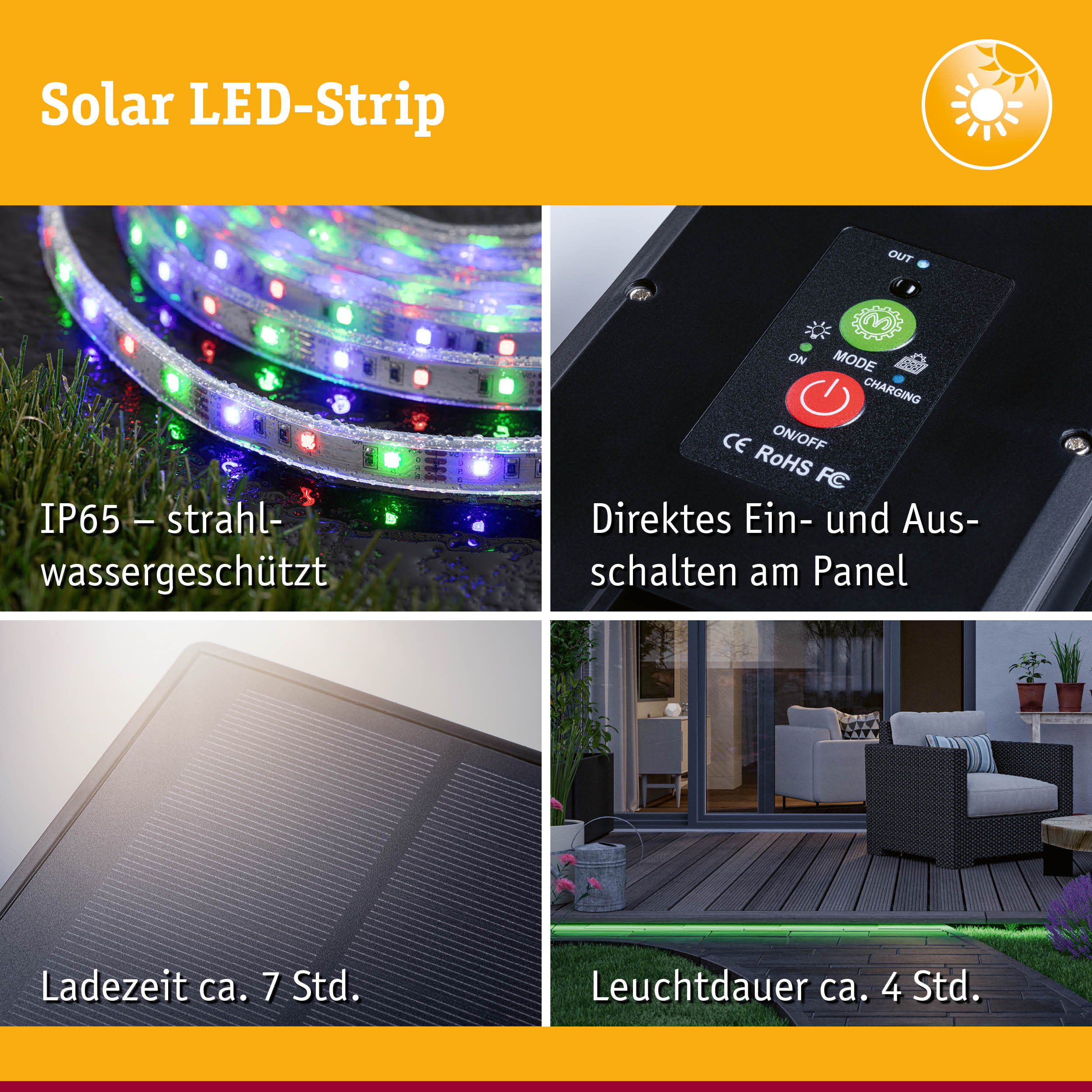 Solar LED-Strip mit IP65 Schutz, direktem Ein- und Ausschalten, 7 Stunden Ladezeit, 4 Stunden Leuchtdauer