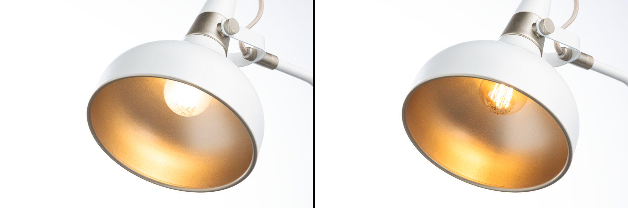 White metal wall lamp with gold interior and replaceable LED bulb for living spaces lighting