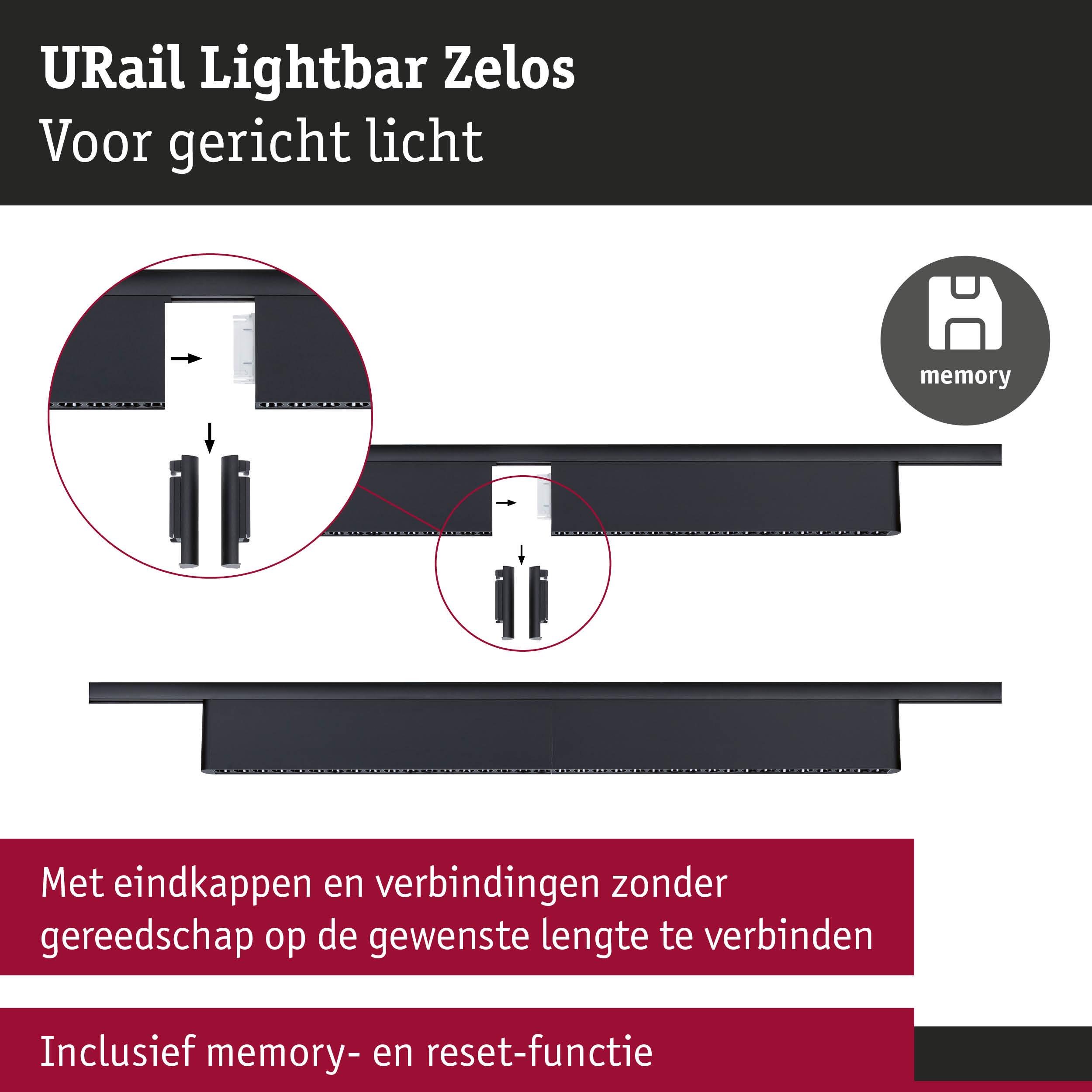 Zwarte URail Lightbar Zelos met eindkappen en verbindingen voor gericht licht met geheugenfunctie