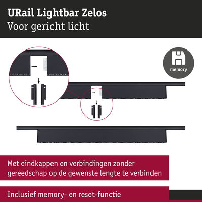 Zwarte URail Lightbar Zelos met eindkappen en verbindingen voor gericht licht met geheugenfunctie