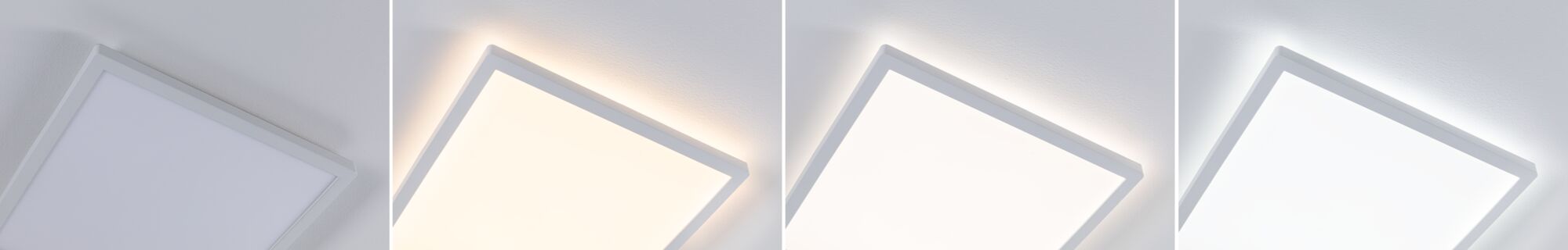 Four white square LED ceiling lights showing different brightness levels with warm white light.
