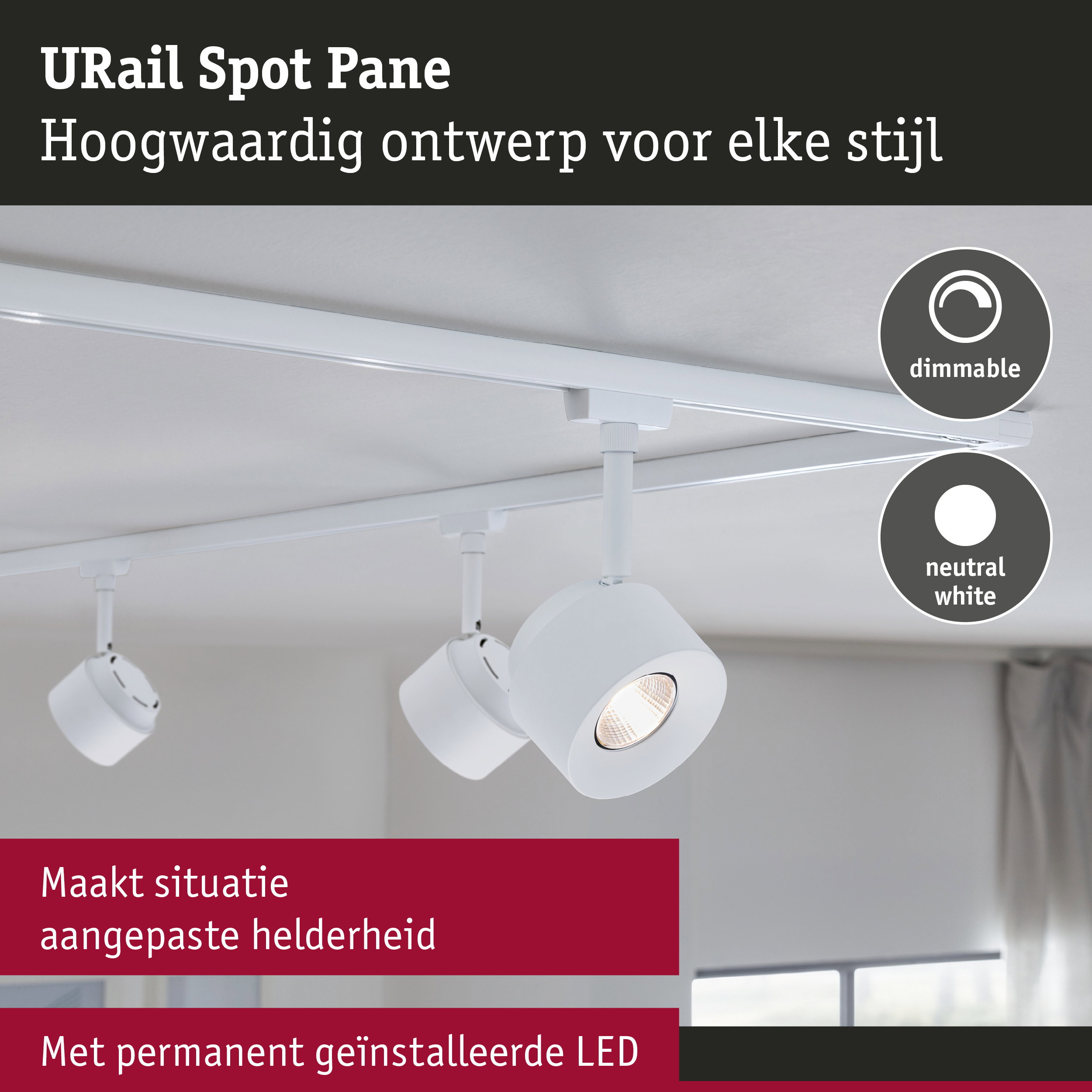 Witte URail Spot Pane LED-spot met dimbare neutraalwitte verlichting aan het plafond gemonteerd