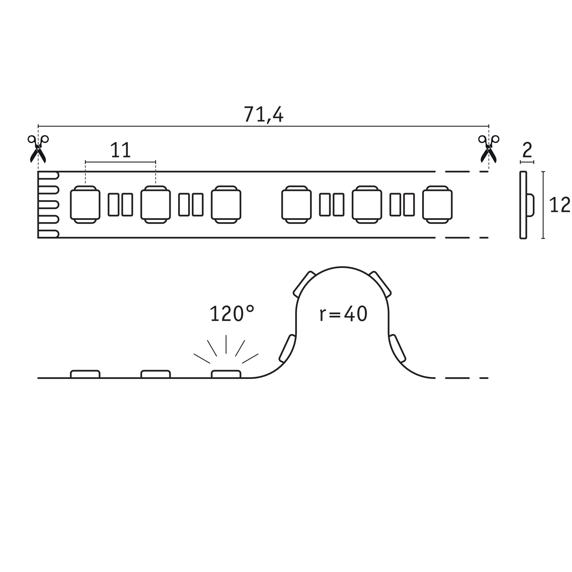 Technische tekening van LED-strip 71,4 mm lang en 12 mm breed, doorsnede met 120° lichthoek.