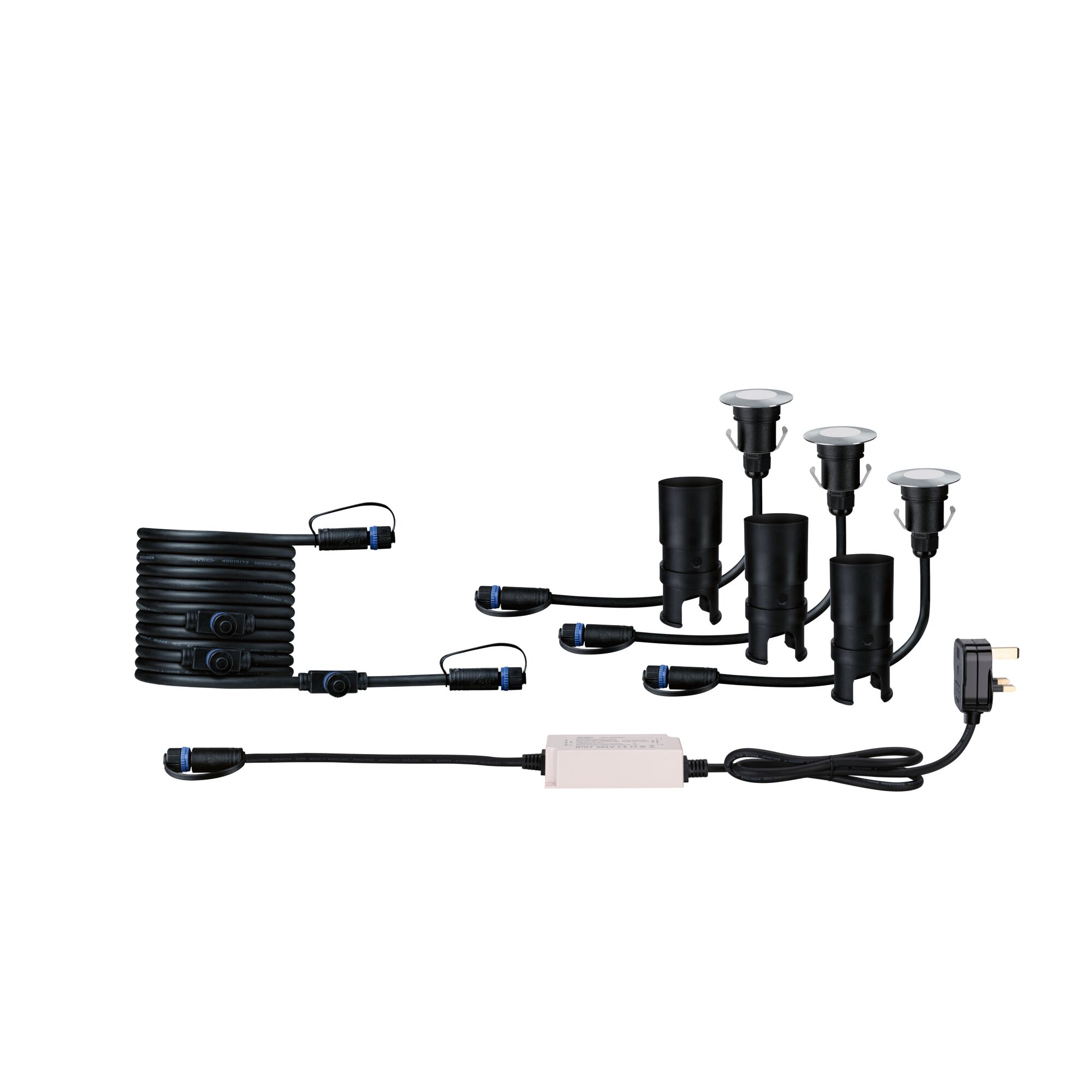 Black LED garden light set with cables and plugs for outdoor lighting and garden illumination