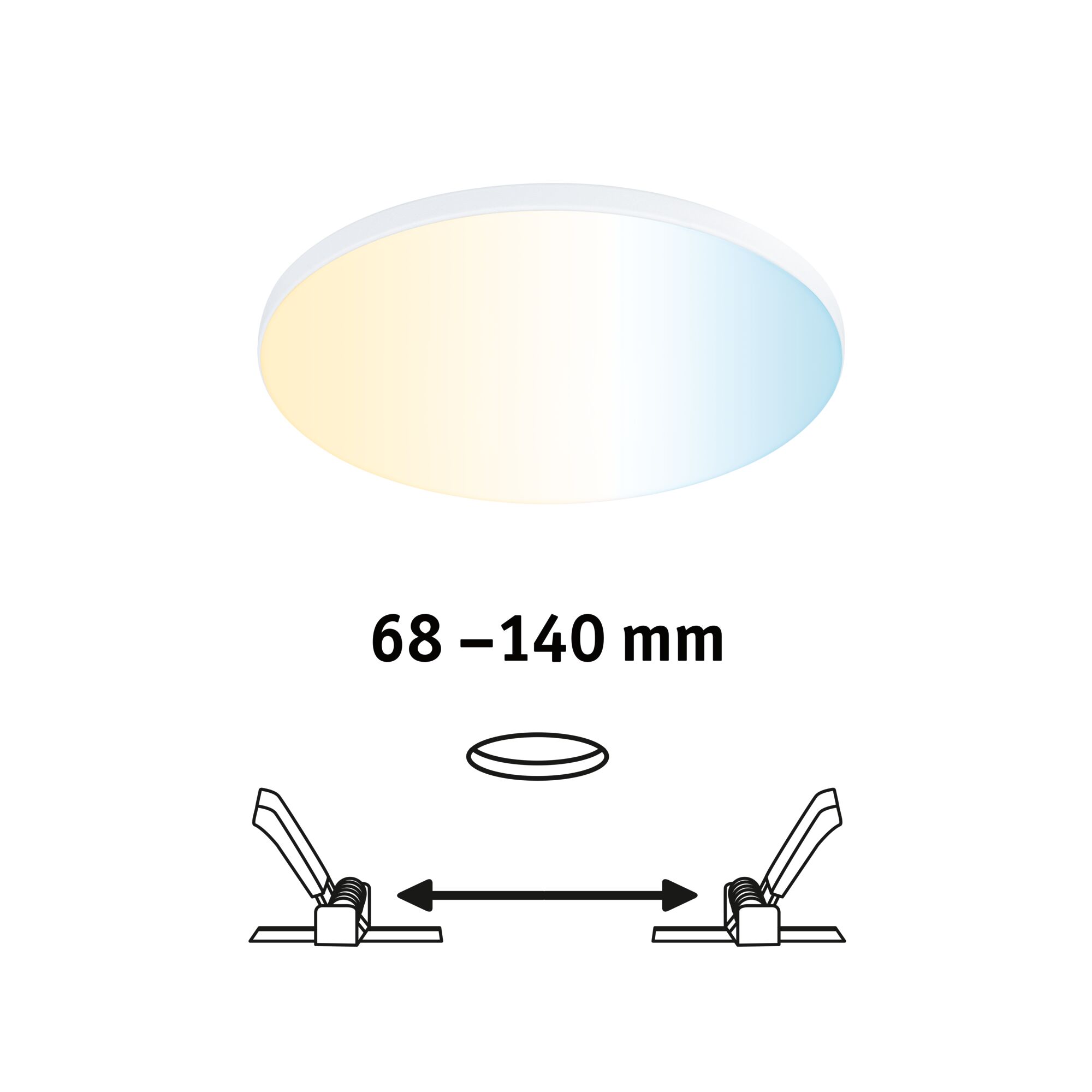 Round LED ceiling light with white frame and warm to cool white light for living spaces
