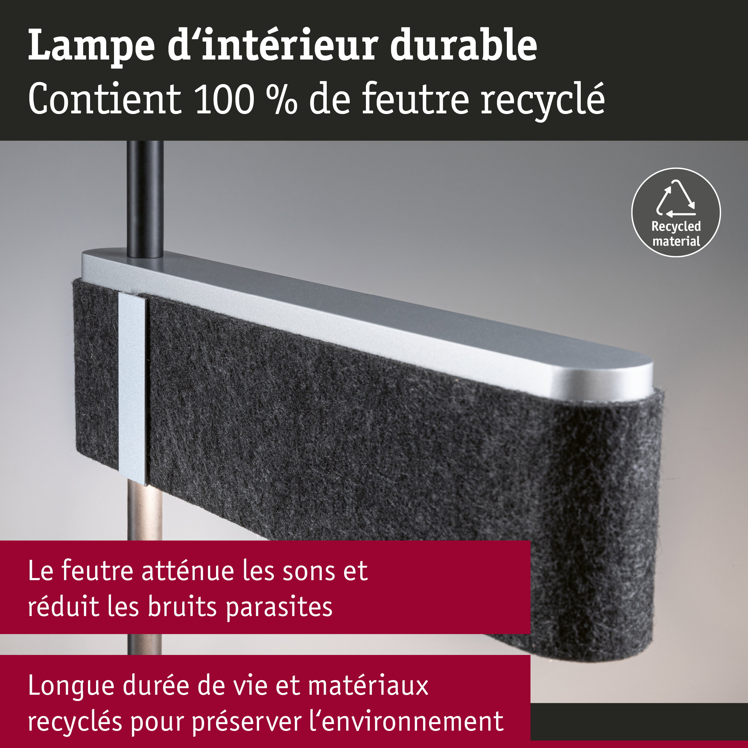 Lampe d’intérieur durable avec feutre noir 100 % recyclé, atténue les bruits parasites