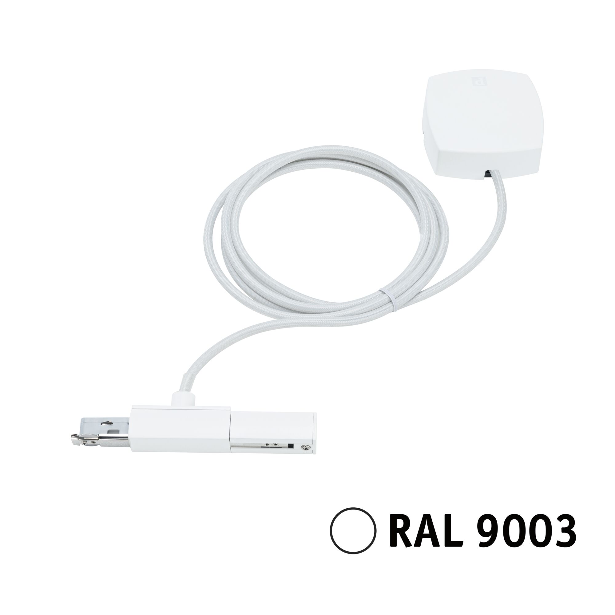Weißes elektrisches Anschlusskabel mit Stecker und RAL 9003 Farbcode für Beleuchtungssysteme