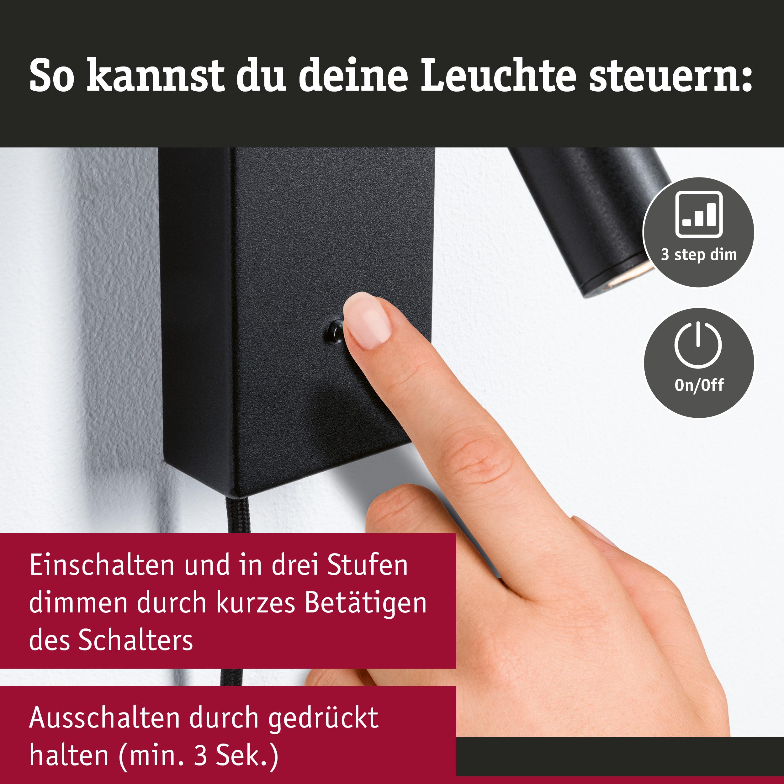 Finger betätigt schwarzen Wandschalter mit 3-Stufen-Dimmung und Ein/Aus-Funktion für LED-Leuchte