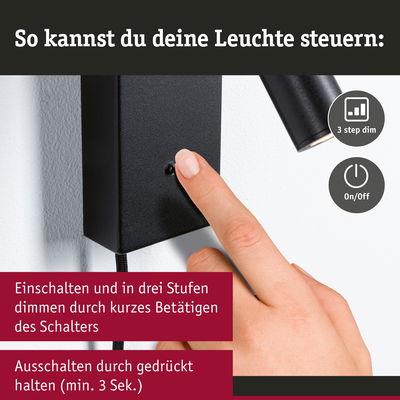 Finger betätigt schwarzen Wandschalter mit 3-Stufen-Dimmung und Ein/Aus-Funktion für LED-Leuchte
