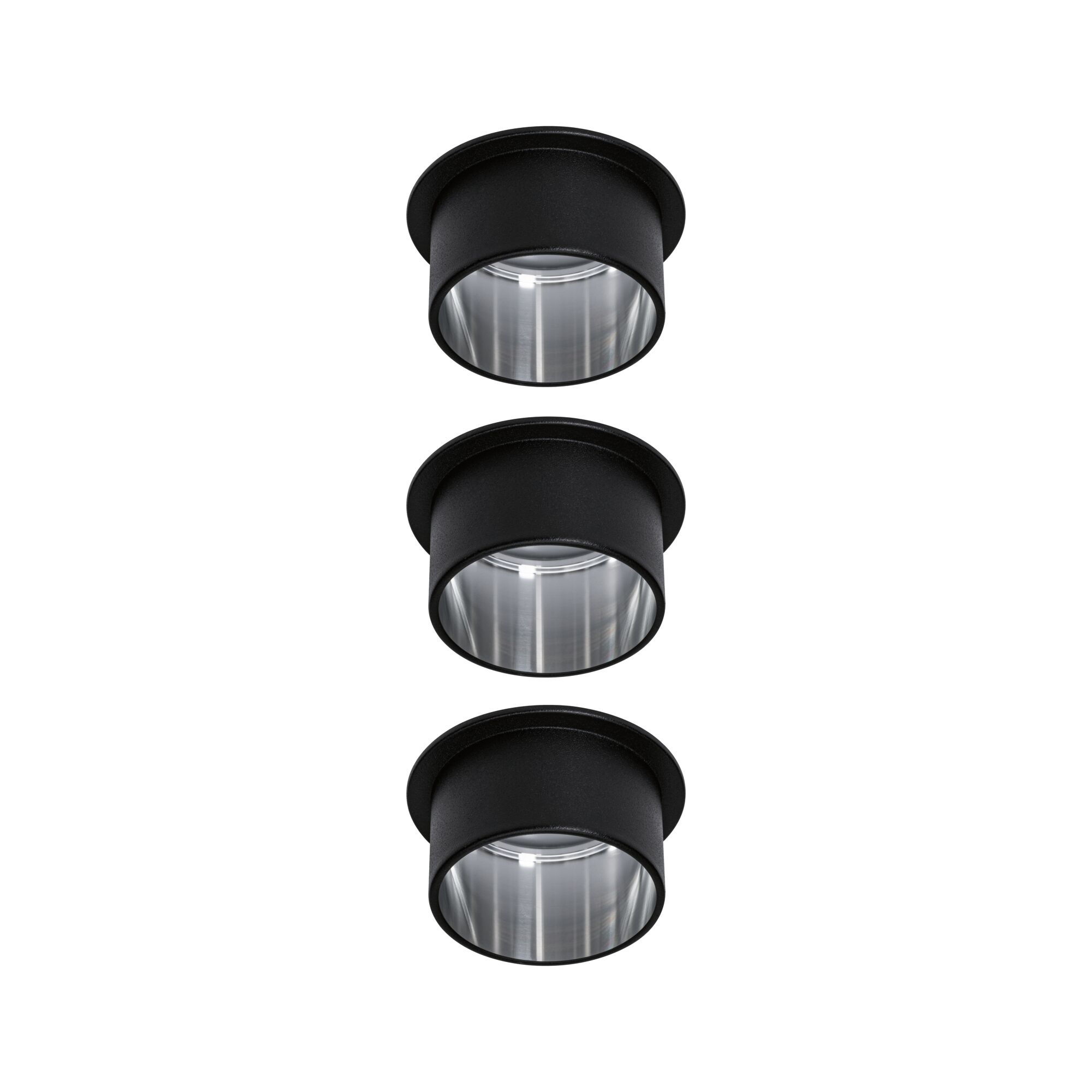 Drei schwarze Einbauleuchten aus Metall mit silbernem Reflektor für moderne LED-Beleuchtung