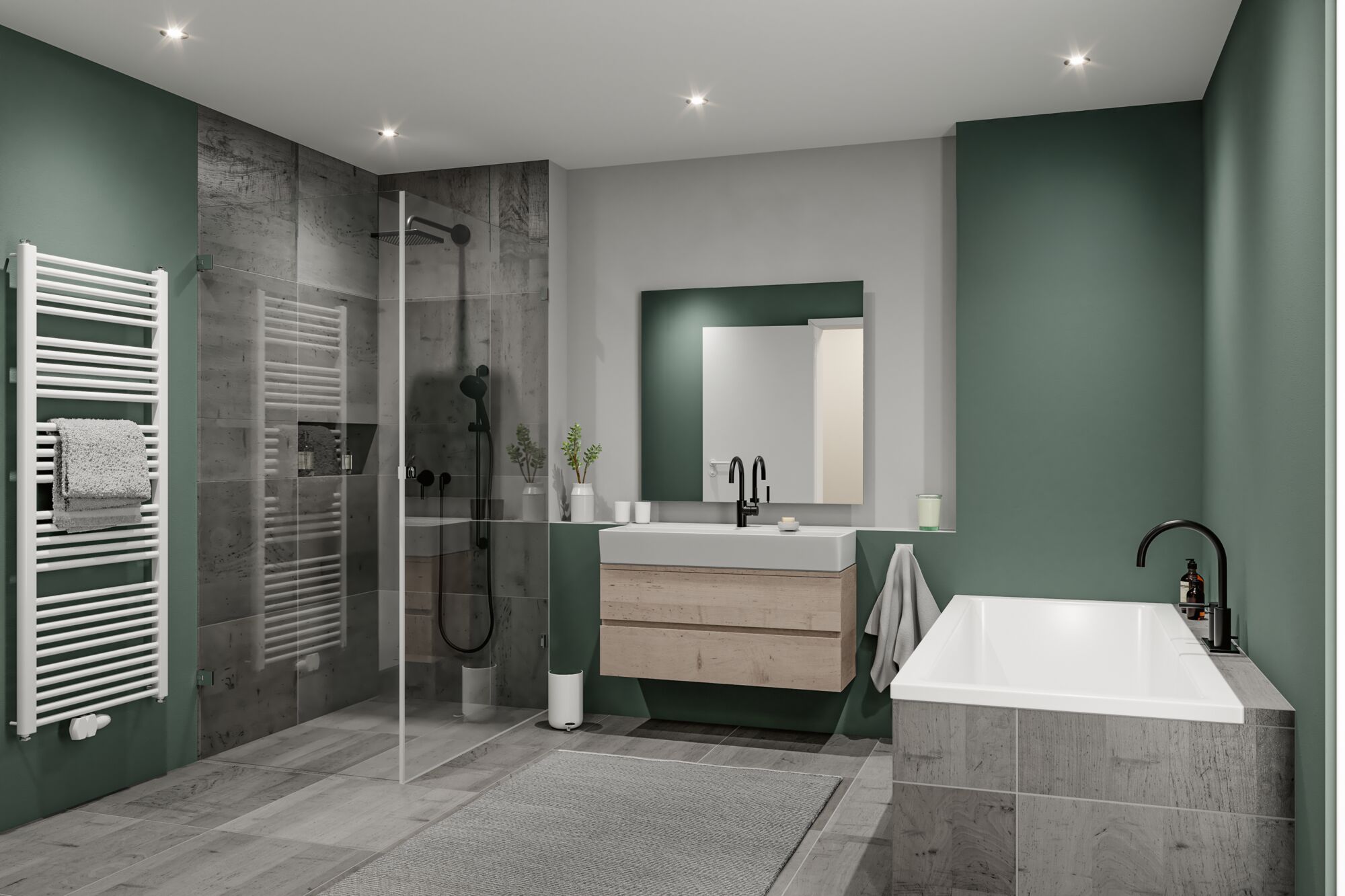 Modernes Badezimmer mit grün gestrichenen Wänden, grauen Fliesen, Holzwaschtisch und weißer Badewanne