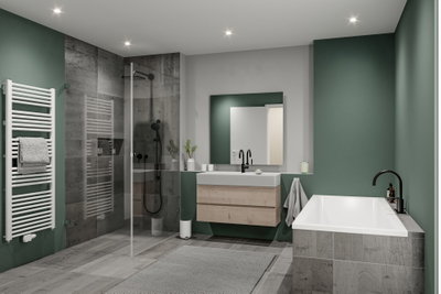 Modern bathroom with green walls, grey tiles, shower, bathtub and wooden vanity unit