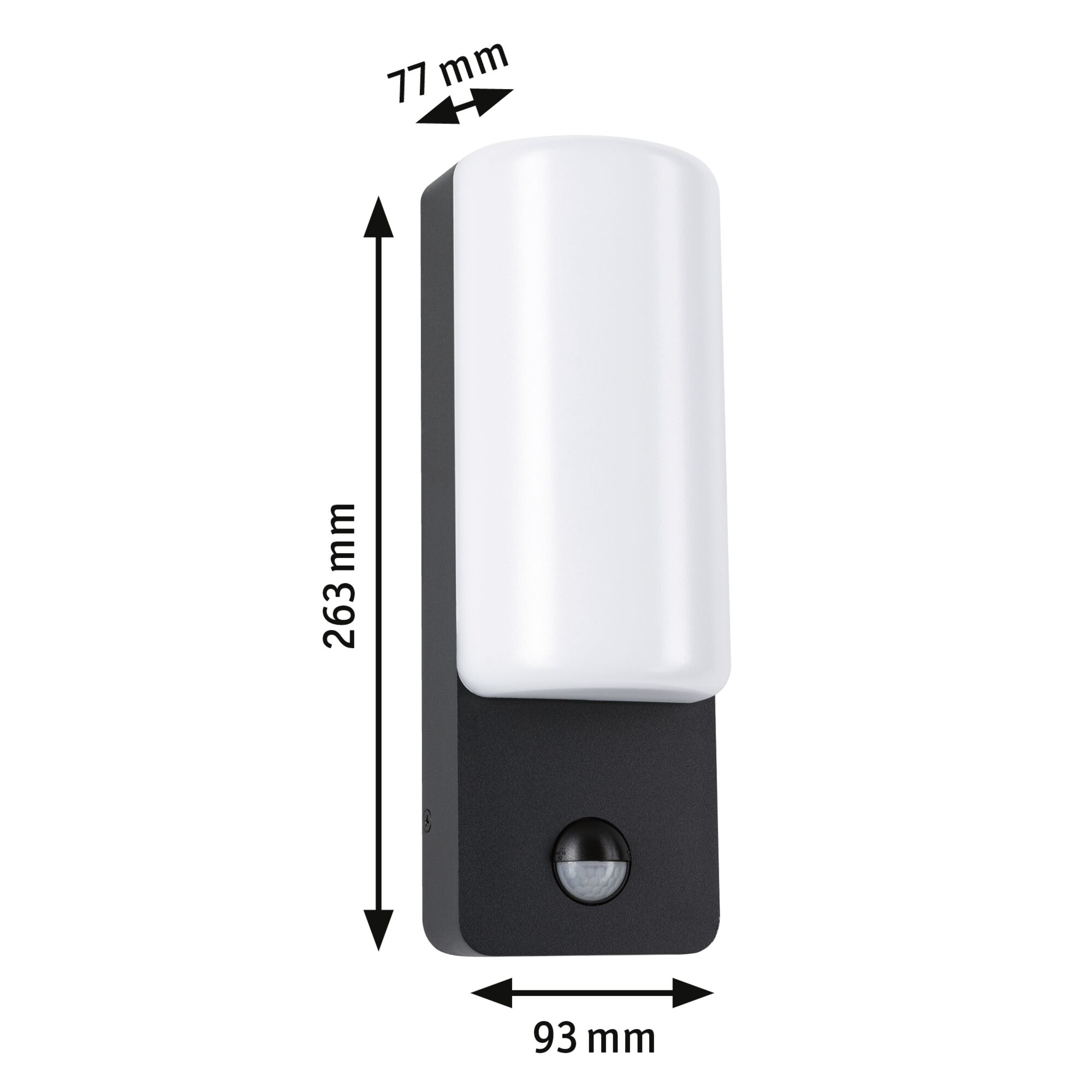 Black outdoor wall light with white plastic shade and motion sensor, dimensions 263x93x77 mm