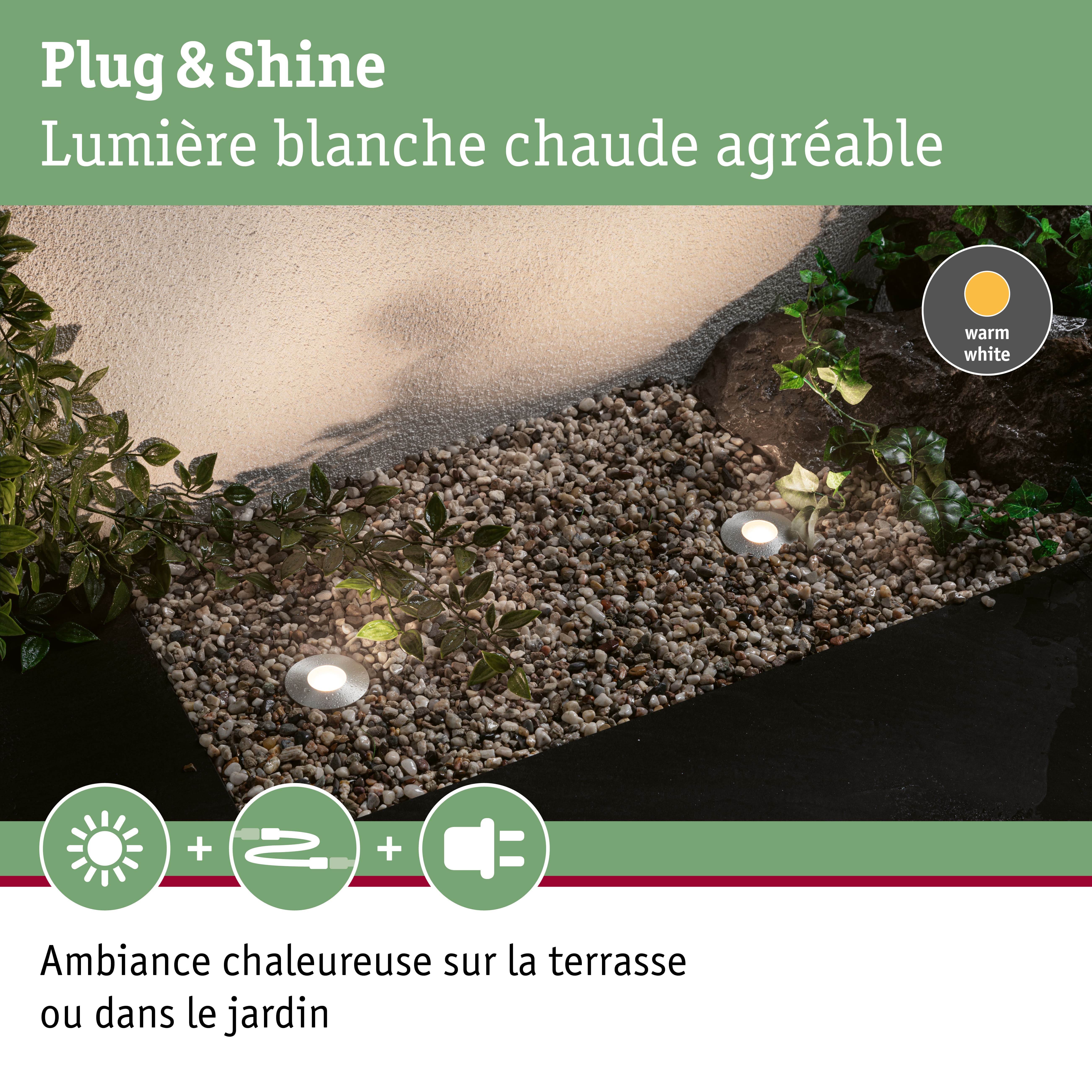Lumière LED Plug & Shine blanc chaud sur gravier avec plantes pour éclairage d'ambiance extérieur