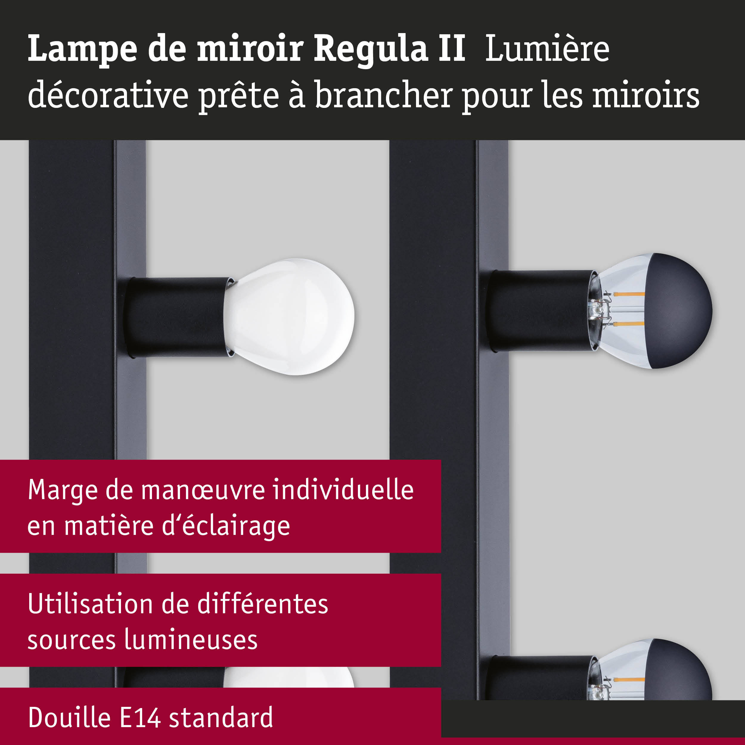 Applique miroir Regula II noire avec douille E14 et ampoule claire pour éclairage décoratif