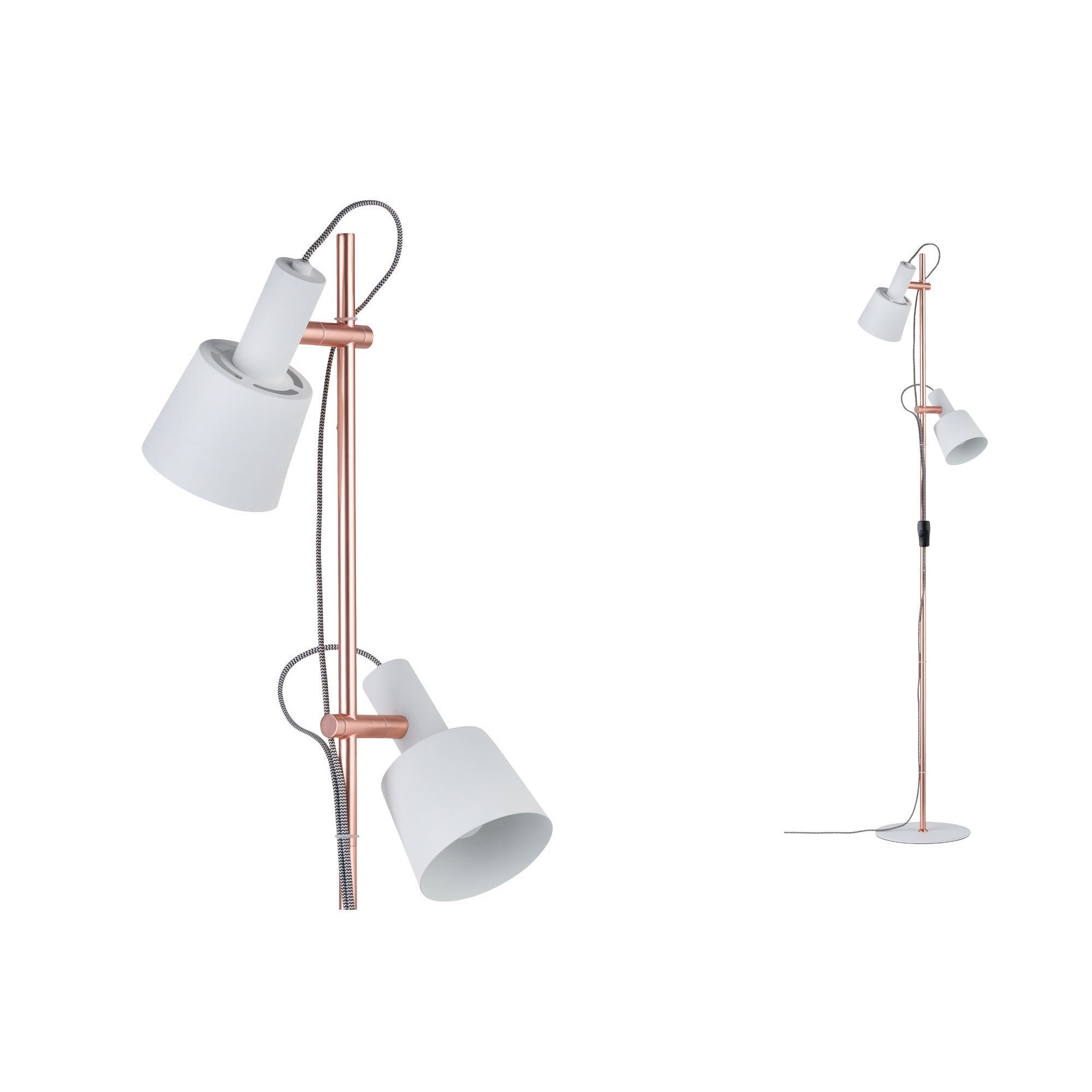 Floor lamp with two white metal shades and copper frame, ideal for modern living room lighting