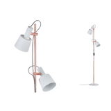 Floor lamp with two white metal shades and copper frame, ideal for modern living room lighting