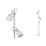 Floor lamp with two white metal shades and copper frame, ideal for modern living room lighting