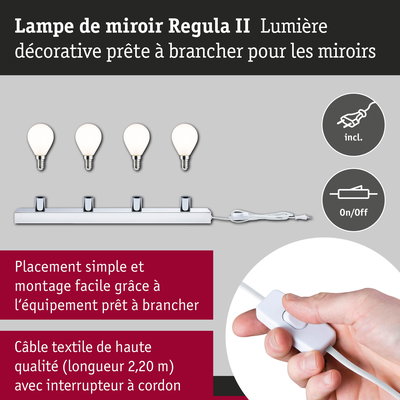 Lampe de miroir Regula II avec quatre ampoules blanches et câble textile blanc avec interrupteur