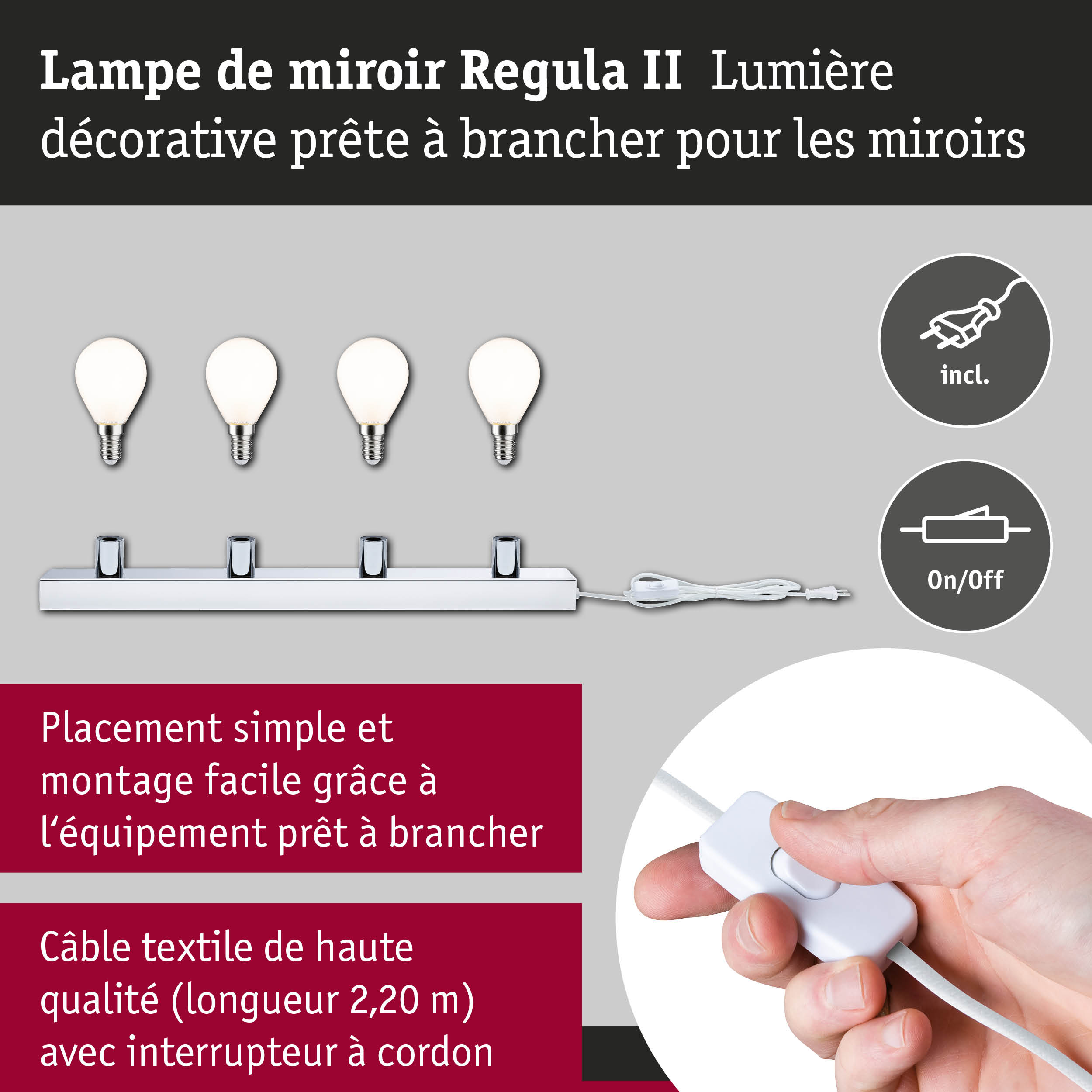 Lampe de miroir Regula II avec quatre ampoules blanches et câble textile blanc avec interrupteur