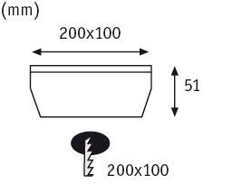 Technische Zeichnung eines rechteckigen Einbaustrahler-Ausschnitts 200x100 mm mit 51 mm Tiefe