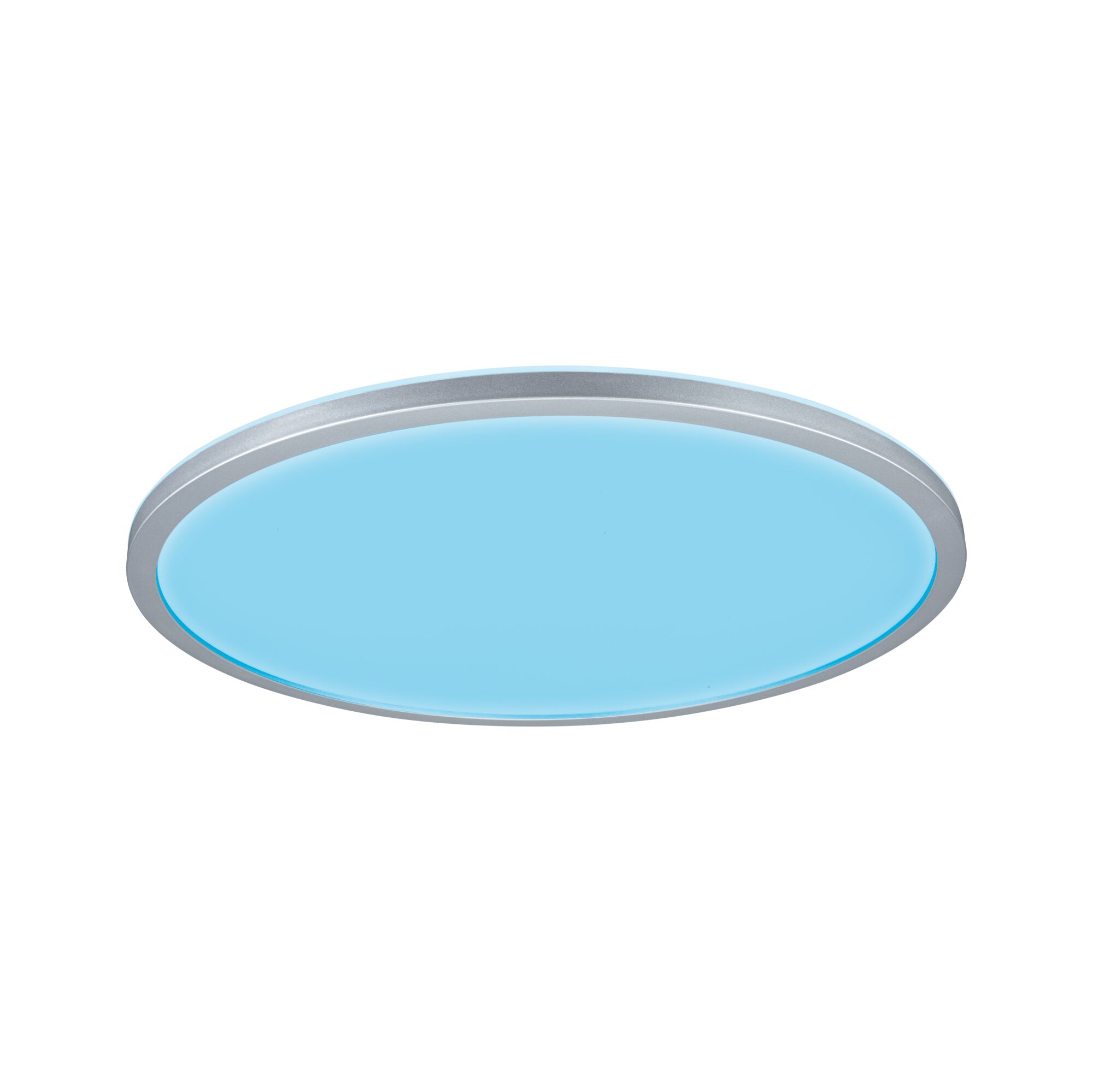 Round LED ceiling light with silver aluminum frame and blue diffuser for modern room lighting