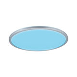 Round LED ceiling light with silver aluminum frame and blue diffuser for modern room lighting