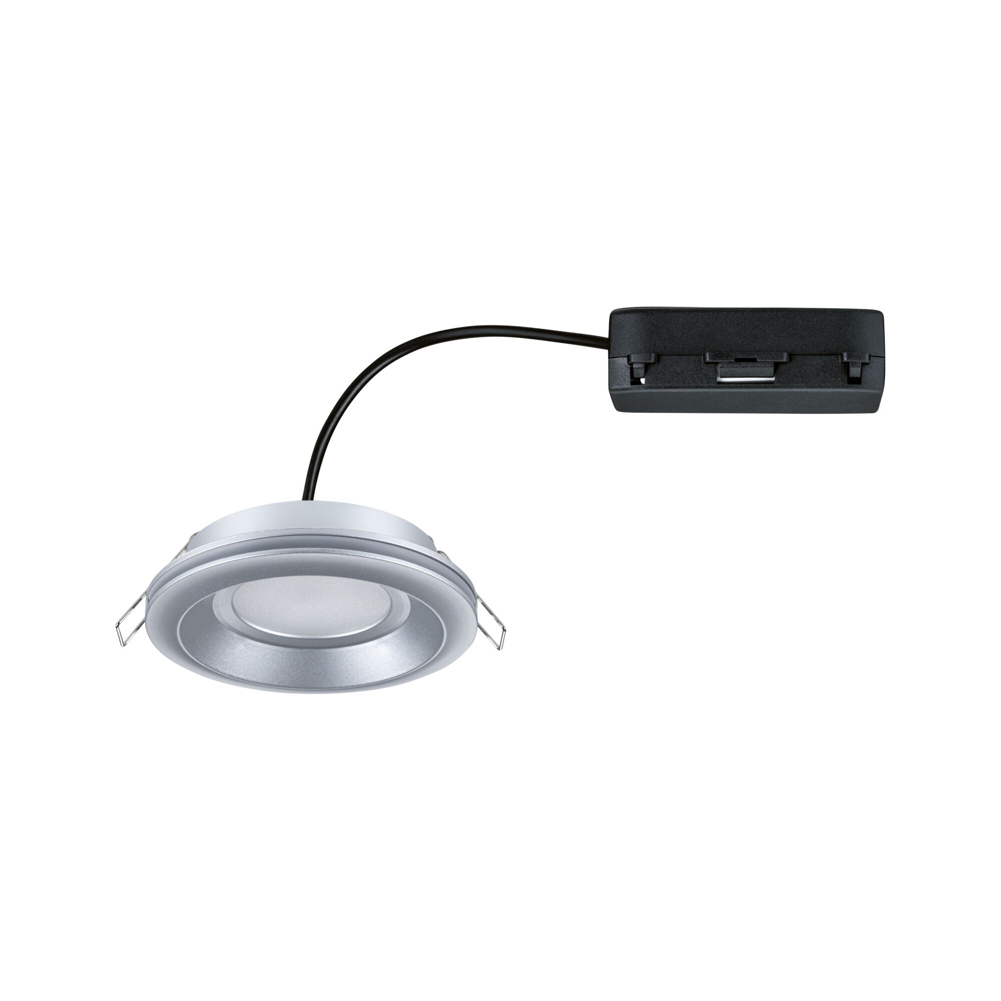 Rundes Einbau-LED-Leuchtmittel in Silber mit schwarzem Anschlusskabel für moderne Raumbeleuchtung