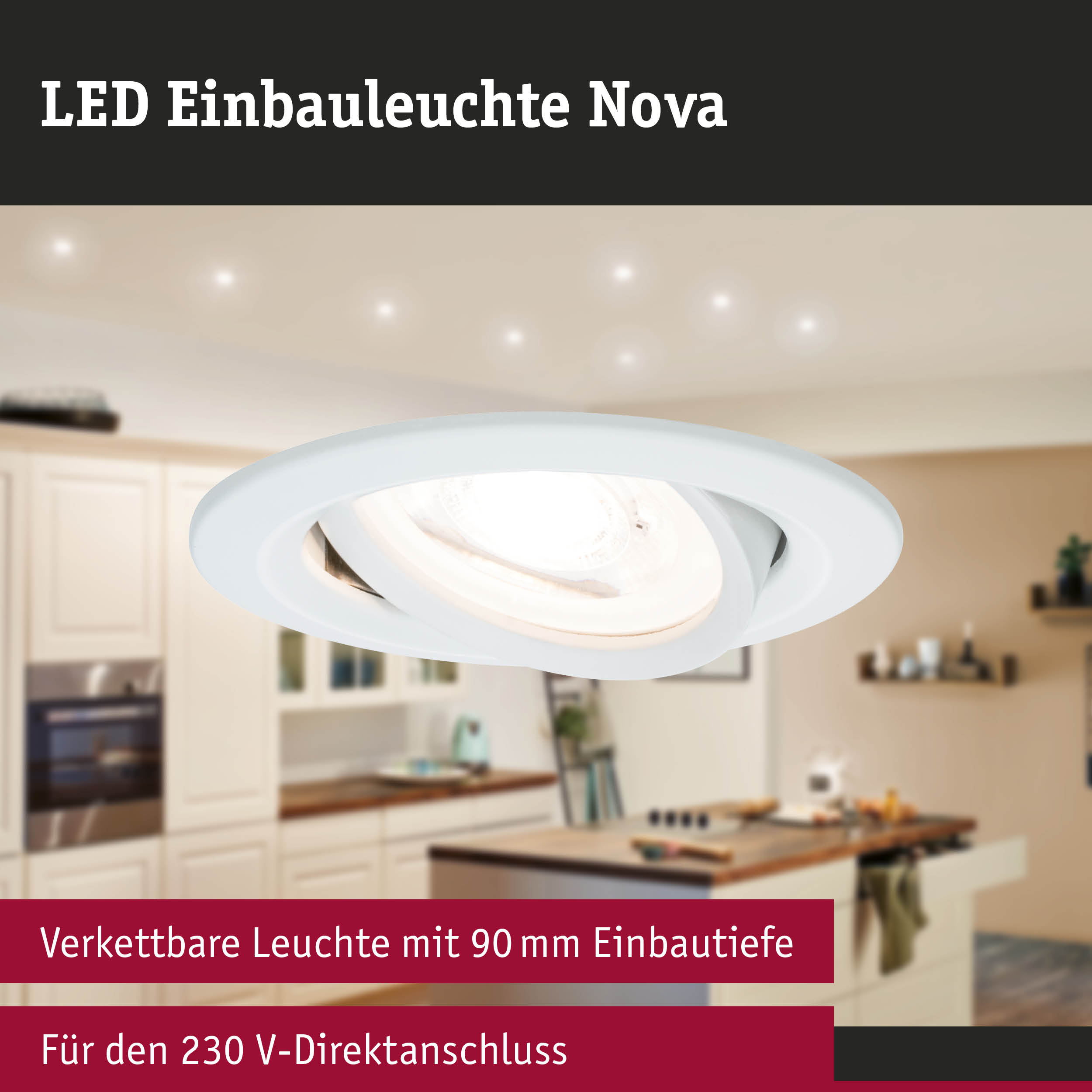 Weiße LED Einbauleuchte Nova mit 90 mm Einbautiefe für 230 V Direktanschluss in moderner Küche