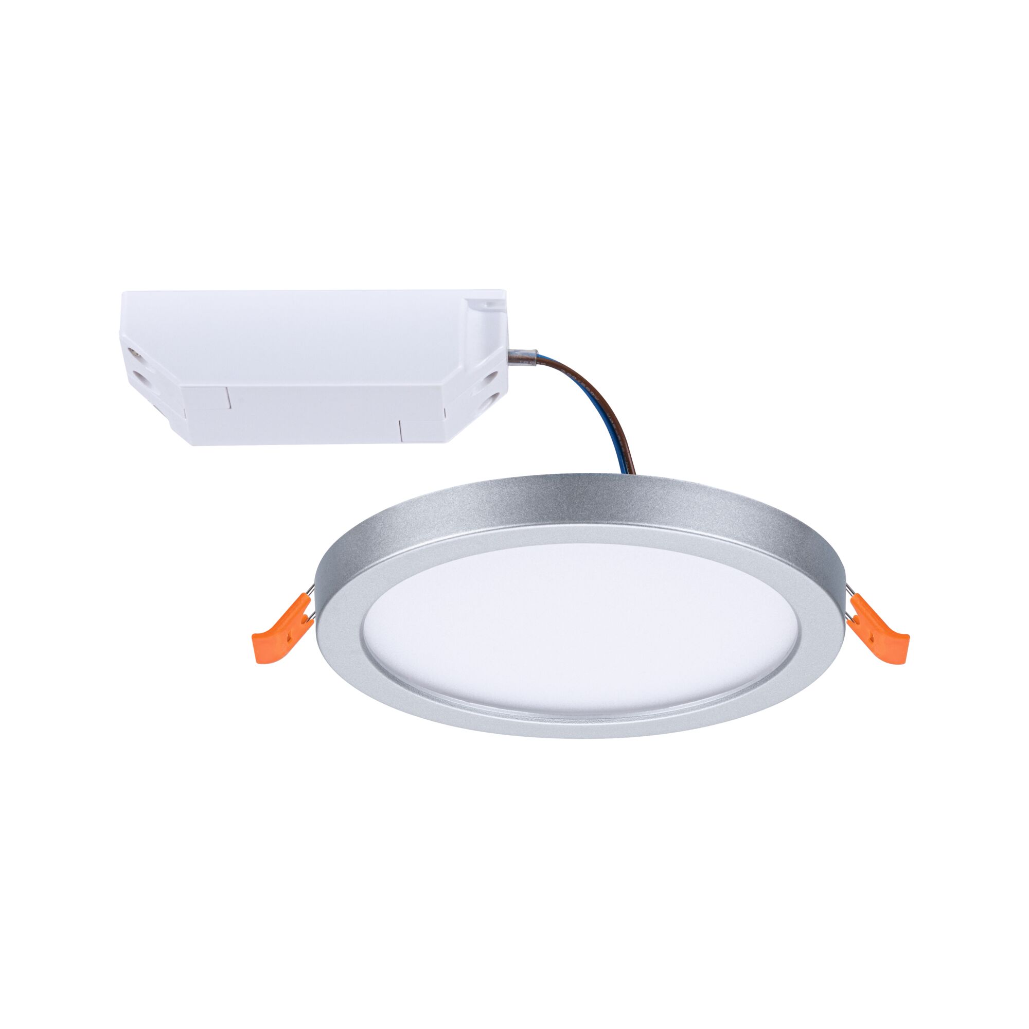 Rond zilverkleurig LED-inbouwpaneel met witte diffuser en witte aansluitdoos voor plafondverlichting