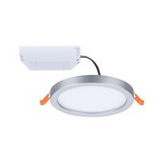 Rond zilverkleurig LED-inbouwpaneel met witte diffuser en witte aansluitdoos voor plafondverlichting
