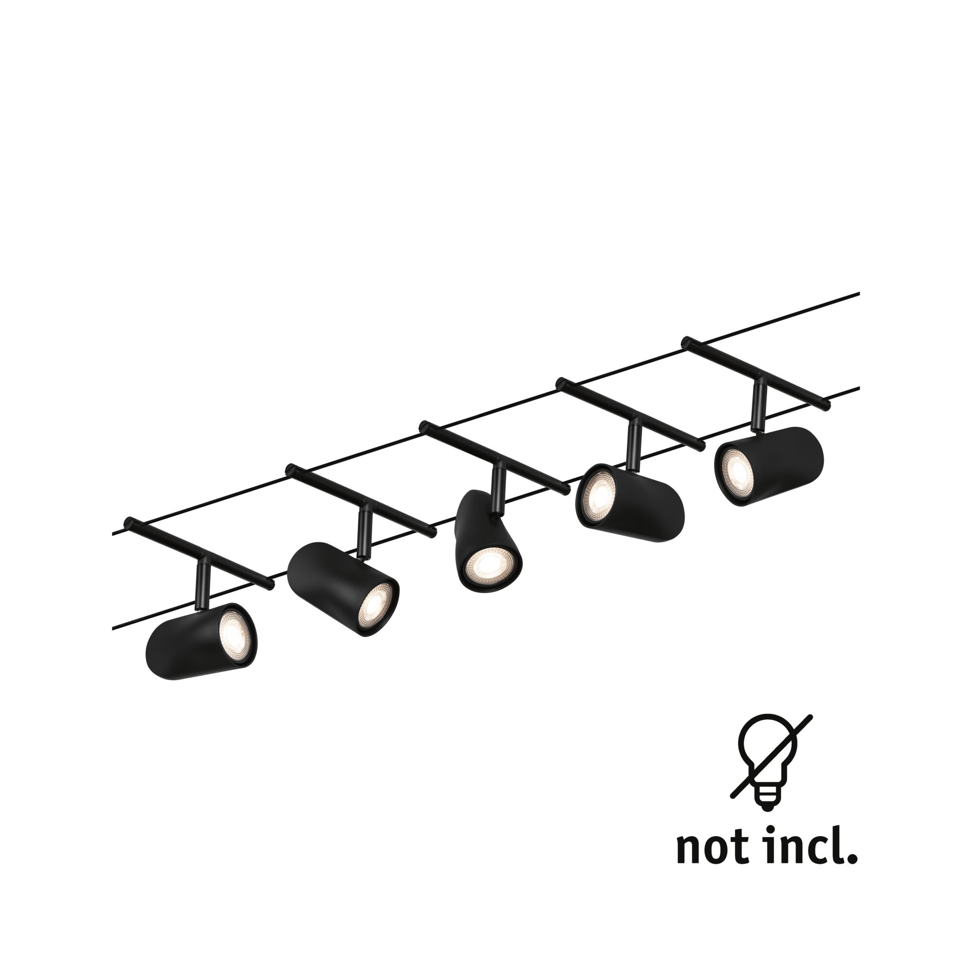 Black LED cable lighting system with five adjustable spotlights, modern fixture without bulbs.