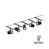 Black LED cable lighting system with five adjustable spotlights, modern fixture without bulbs.