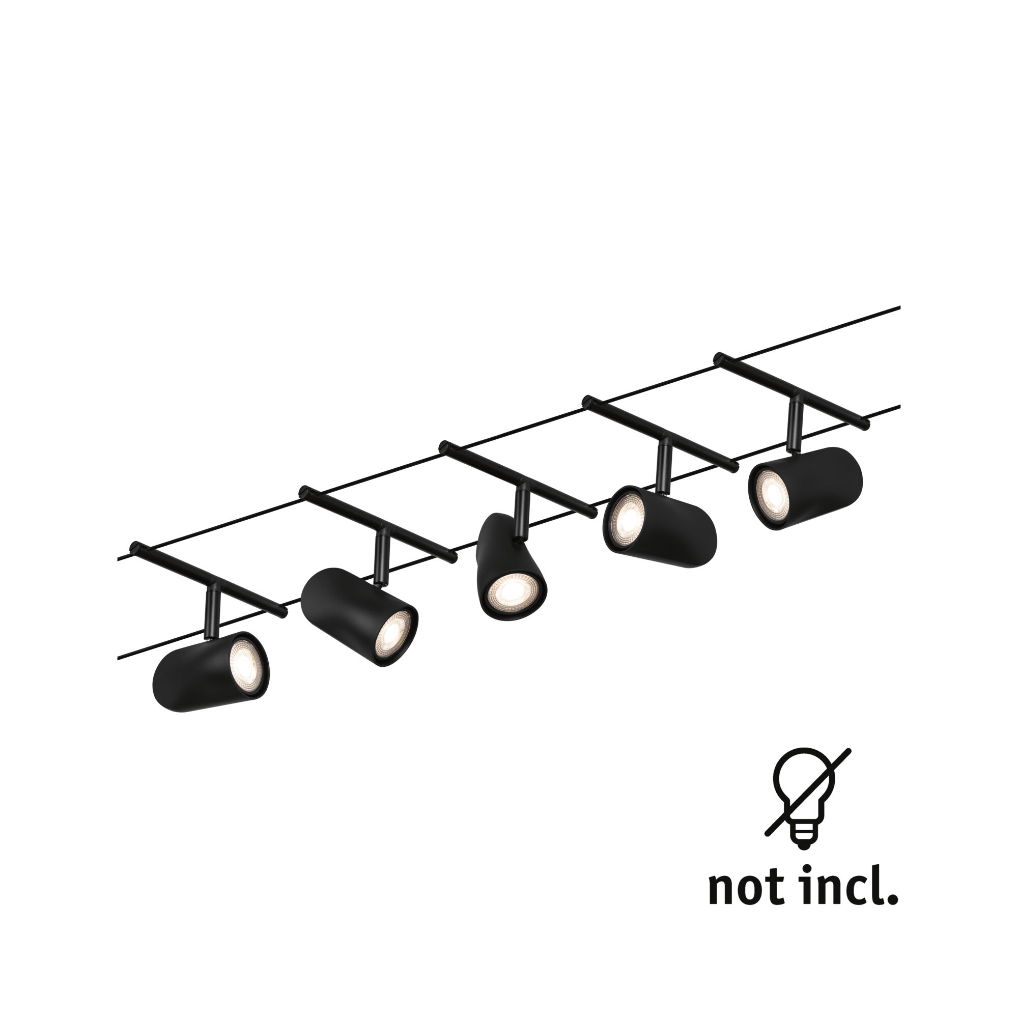 Black metal LED track light with five adjustable spotlights for modern interior lighting