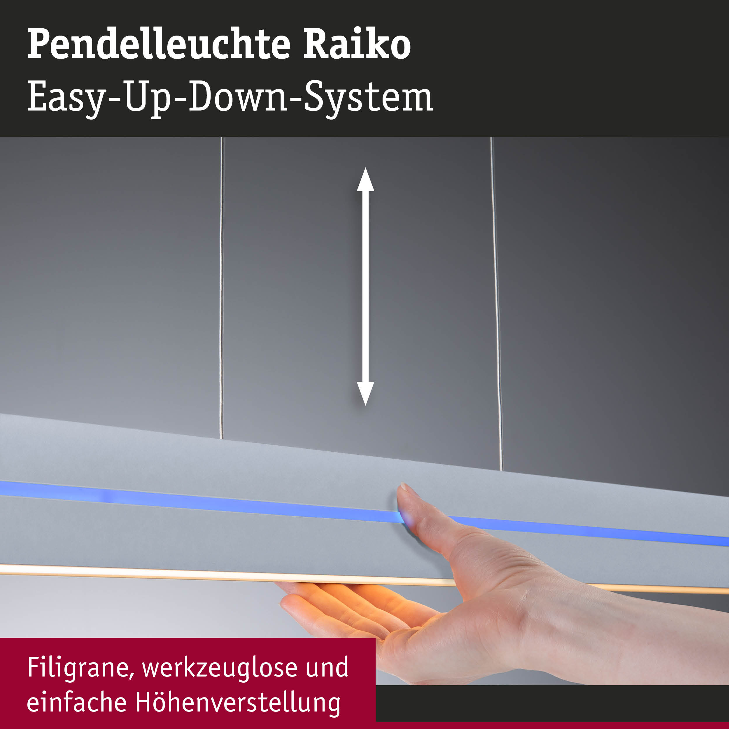 Pendelleuchte Raiko mit Easy-Up-Down-System und werkzeugloser Höhenverstellung in Grau mit LED-Lichtband
