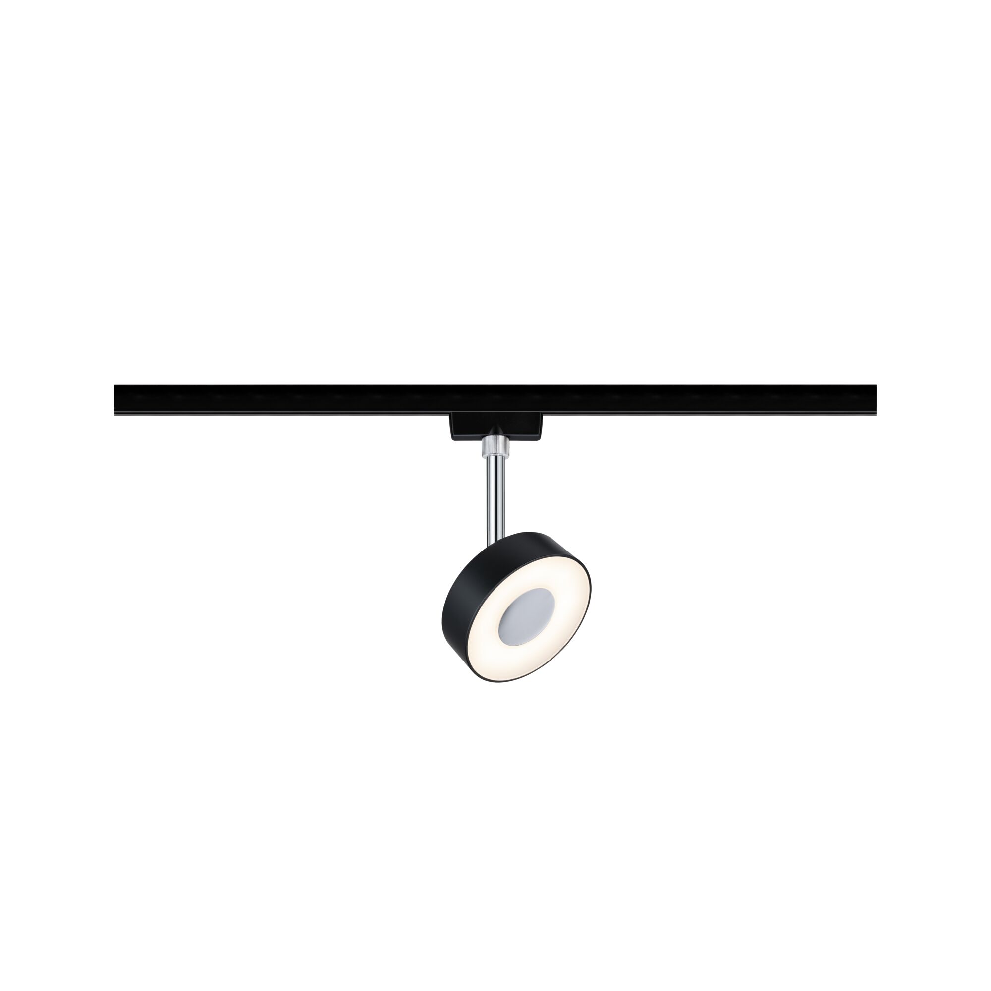 Spot LED noir avec face ronde blanche éclairée sur rail métallique noir