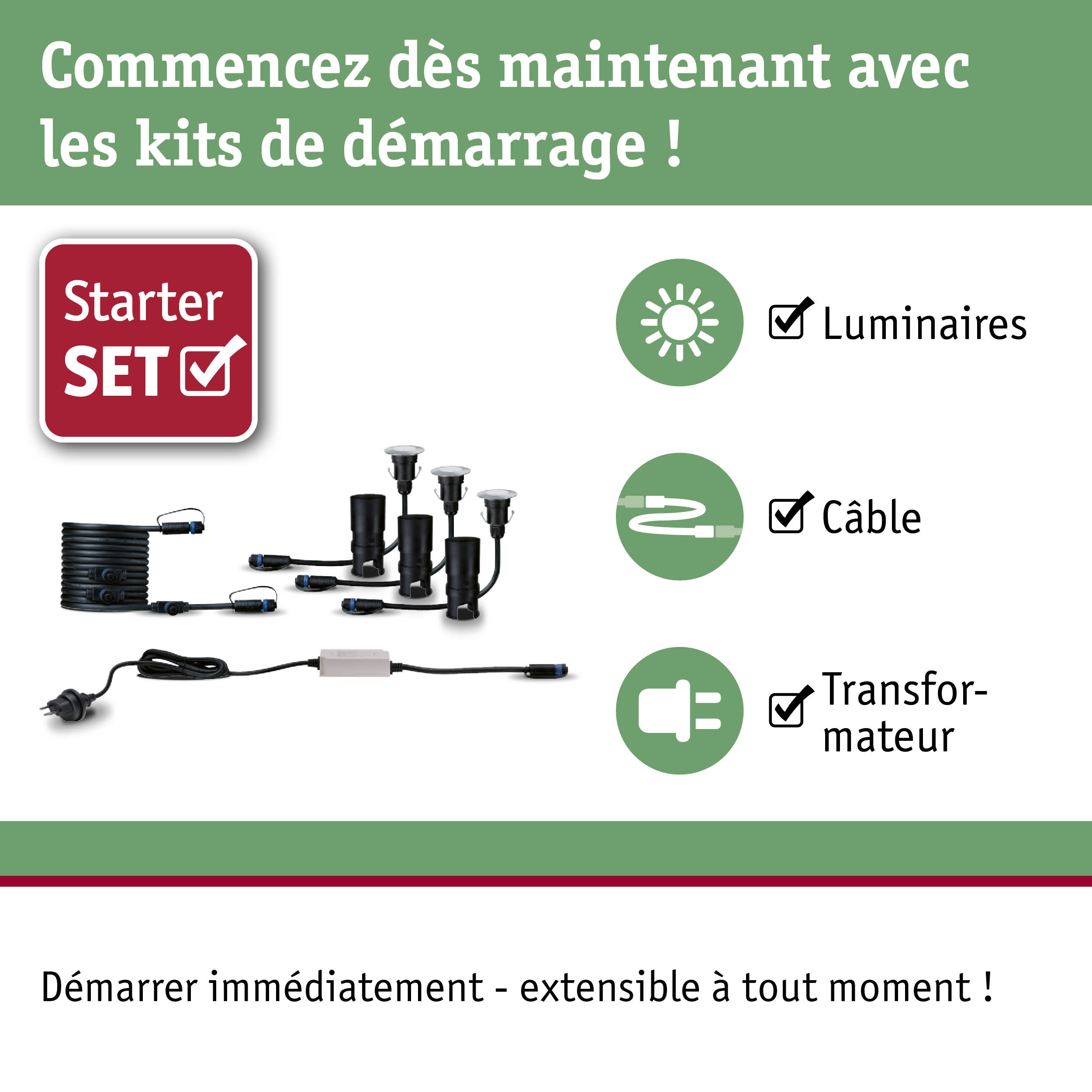 Kit de démarrage avec luminaires LED noirs, câbles et transformateur pour installation d'éclairage facile